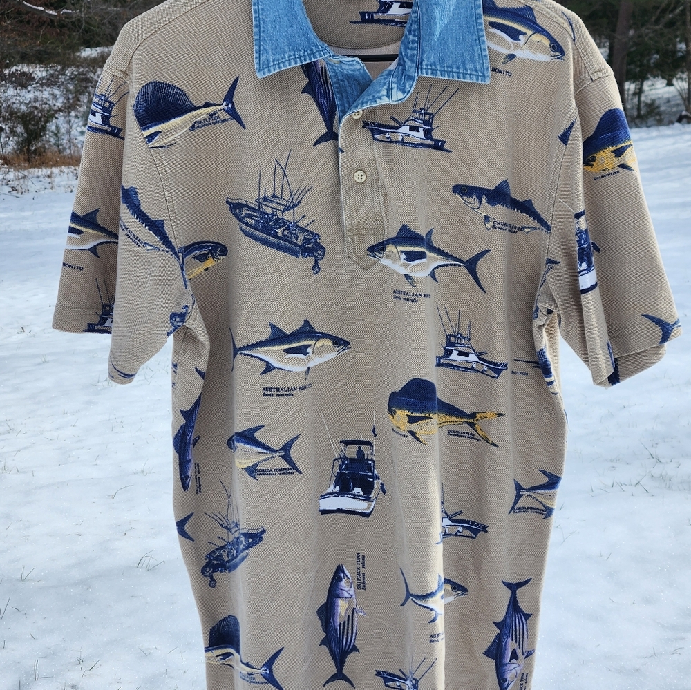 Lands End Fish Polo Shirt With Denim Collar L